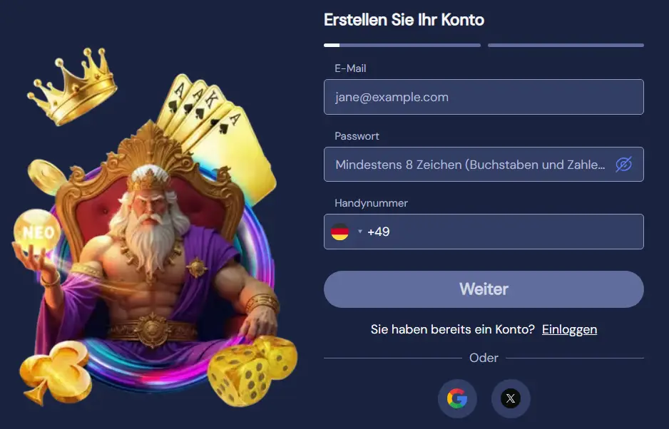 SlotNeo Casino Anmeldeformular